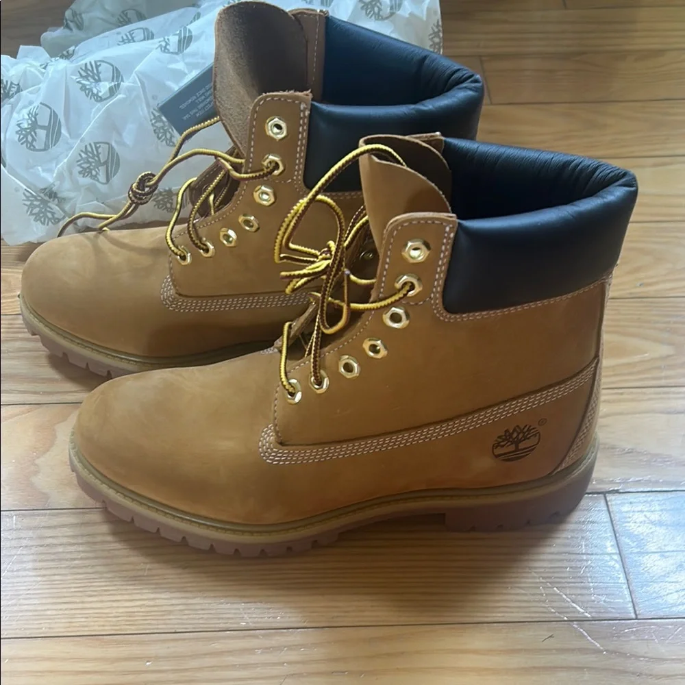 Timberland Premium 6 inch Waterproof Brown Wheat Nubuck Boots with Black Top New - Picture 3 of 10